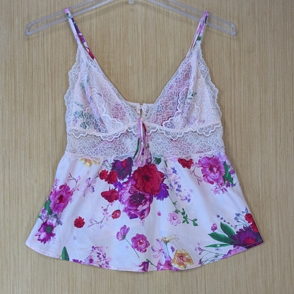 Victorias Secret Coquette Floral Lace Trim Camisole Top Pink Purple Satin Medium